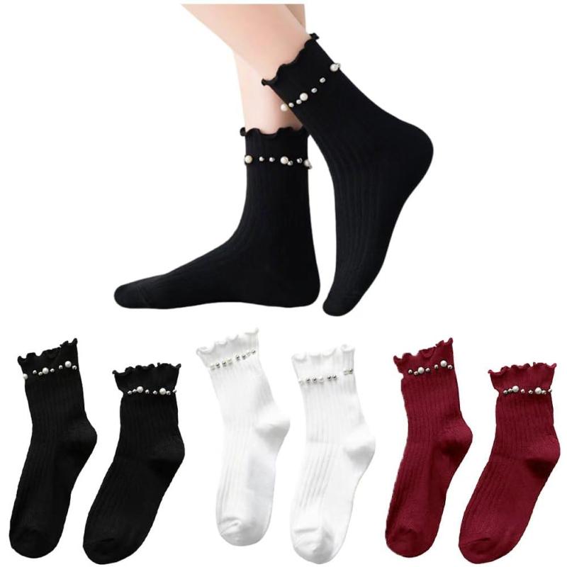 [FASELE] 靴下 ソックスレディース クルーソックス JK レース 花柄 制服 女の子 真珠 綿 柔らかい 通気 おしゃれ 可愛い 通学 通勤 春秋冬用 22－25cm