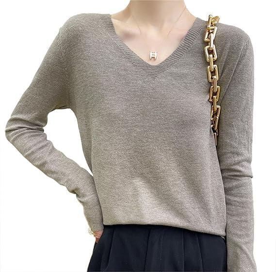 DUZTELYI レディース ニット セーター Vネック 無地 長袖 インナー 体型カバー 着痩せ トップス 春 秋 冬 DU826