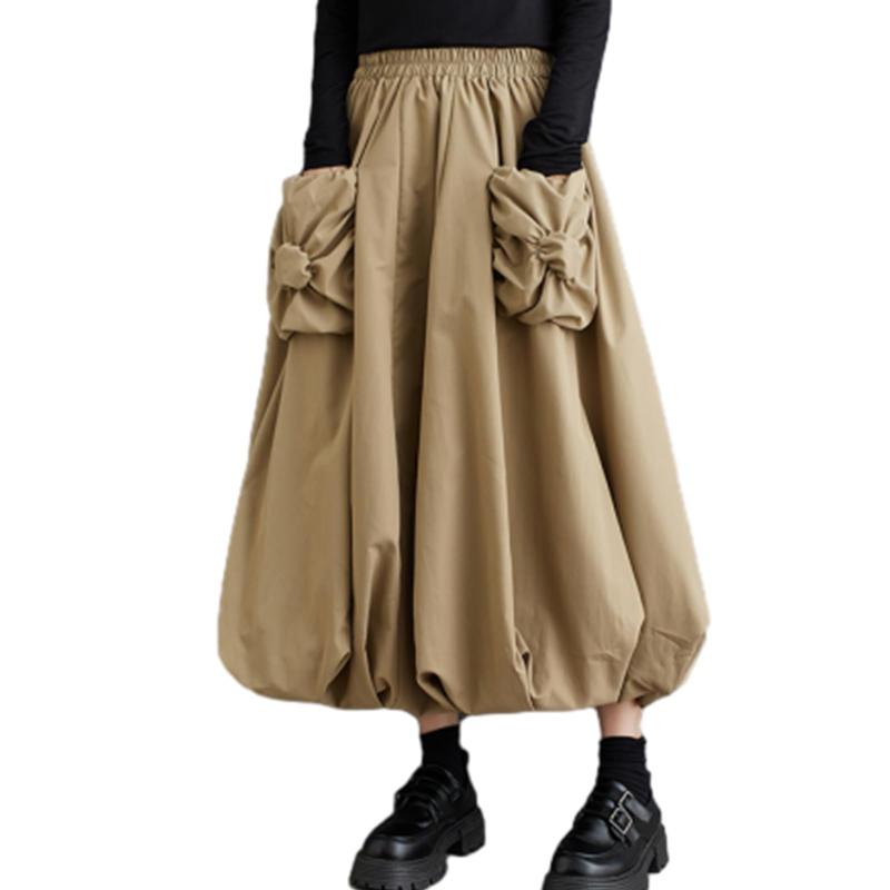 [CCGGOWMM] スカート レディース ミモレ丈 ふんわり ロングスカート 裏地付き バルーンスカート フレアスカート ゴム ハイウエスト ゆったり 着痩せ ポケット付き Aライン スカート カジュアル