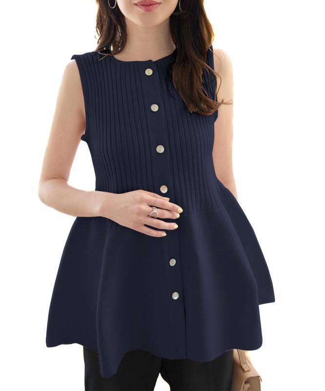 [神戸レタス] ペプラム ノースリーブ ニット トップス フレア 夏服 レディース ベスト ペプラムトップス [C7540]