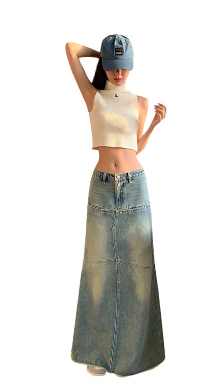 [PTORGE] 夏スカート ロングスカート レディース デニムスカート マキシ丈 ハイウエスト ダメージ加工 薄手 春スカート ベイカースカート 着痩せ 上品 おしゃれ