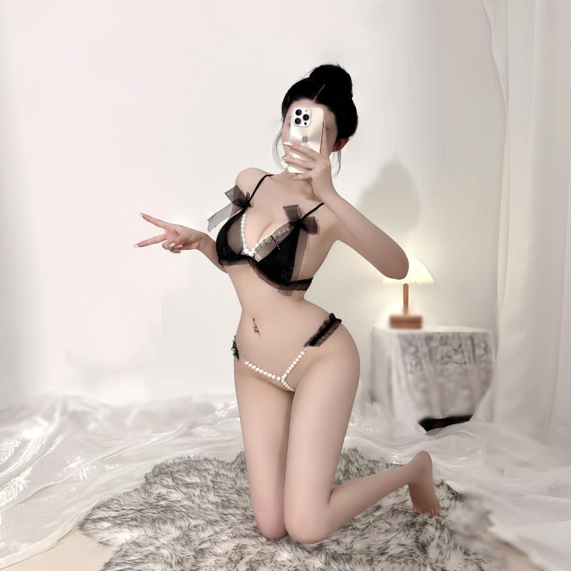 ランジェリー レディース 下着 セット セクシー レース スリーピース パール付き ...