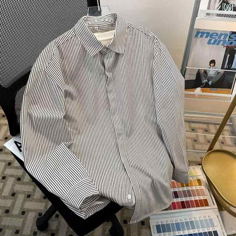 シャツ メンズ 長袖 ストライプ ブルー 秋 薄手 カジュアル ゆったり フィット 高級感 スタイリッシュ デイリー コーディネート トップス