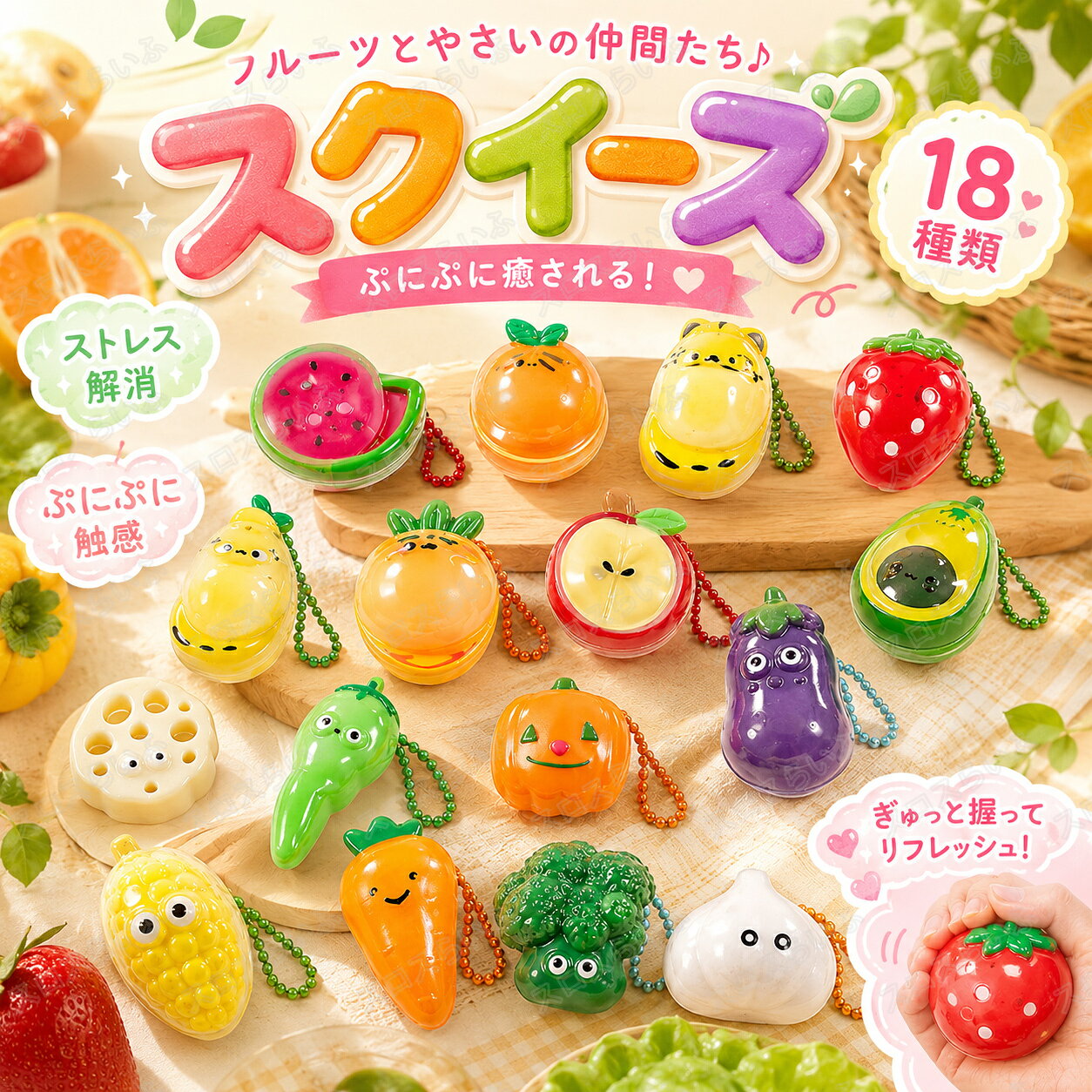 【10/20/50枚セット】スクイーズ 水感 全18種類 3cm ストレス解消 ぷにぷに触感 クイー ...