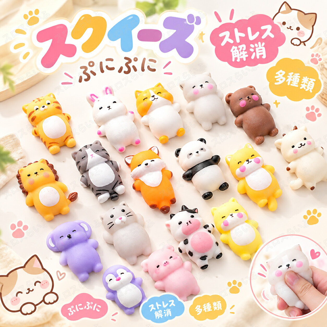 特典あり【10/20/50枚セット】スクイーズ 水感 詰め合わせ 全15種類 25g ストレス解消 ぷにぷに触感 クイーズおもちゃ もちもち 癒し 減圧 握る 肉球 くじ引き 動物 低反発 触感いい 人気 可愛い 減圧グッズ ソフト感覚 弾力性抜群 おしゃれ 子供 大人 男の子 女の子 sloth-l-10001822 スロスらいふ パッケージ画像