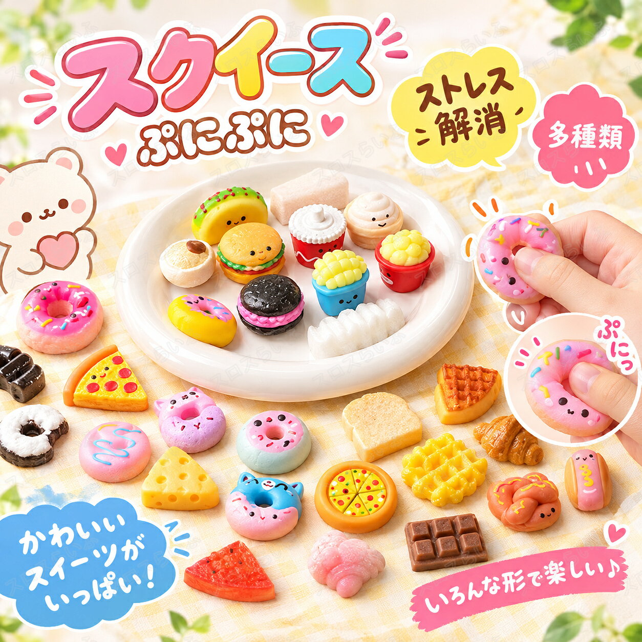 特典あり【10/20/50枚セット】スクイーズ 水感 詰め合わせ 全32種類 3cm ストレス解消 ぷにぷに触感 クイーズおもちゃ もちもち 癒し 減圧 握る 肉球 くじ引き パン ケーキ 低反発 触感いい 人気 可愛い 減圧グッズ ソフト感覚 弾力性抜群 おしゃれ 子供 大人 男の子 女の子 sloth-l-10001825 スロスらいふ パッケージ画像