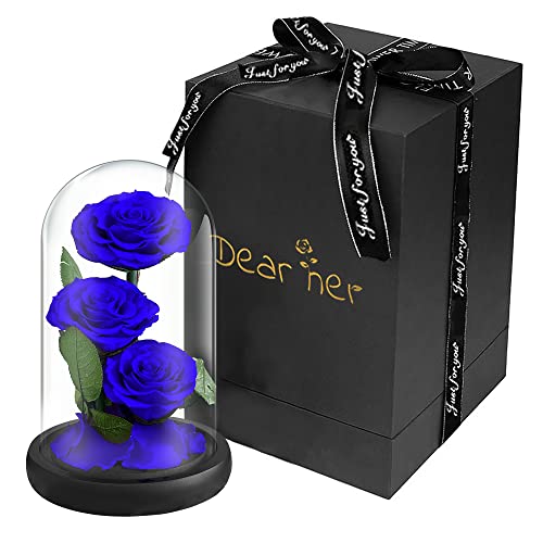 楽天SLOWLIFEオンラインLuckystar Beauty and The Beast Rose本物のバラで手作り保存花、枯れない花、永遠の花、3輪、ガラスギフトボックス入りプリザーブドフラワー、母の日、記念日プレゼント、結婚式、バレンタイン、彼女への最高の贈り物ブルー