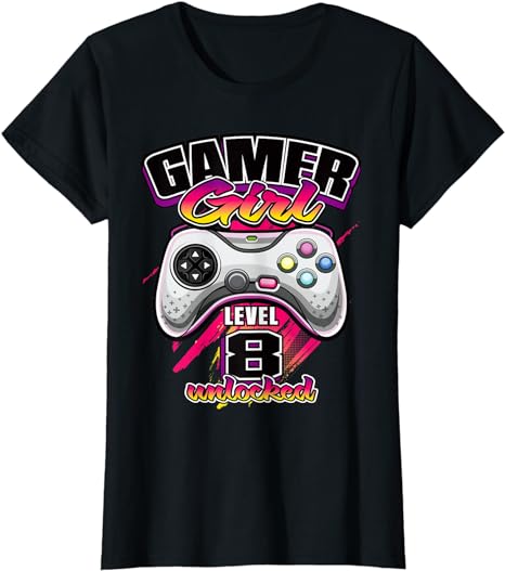レディース ゲーマーガールレベル8ロック解除されたビデオゲームの誕生日プレゼントの女の子 Tシャツ