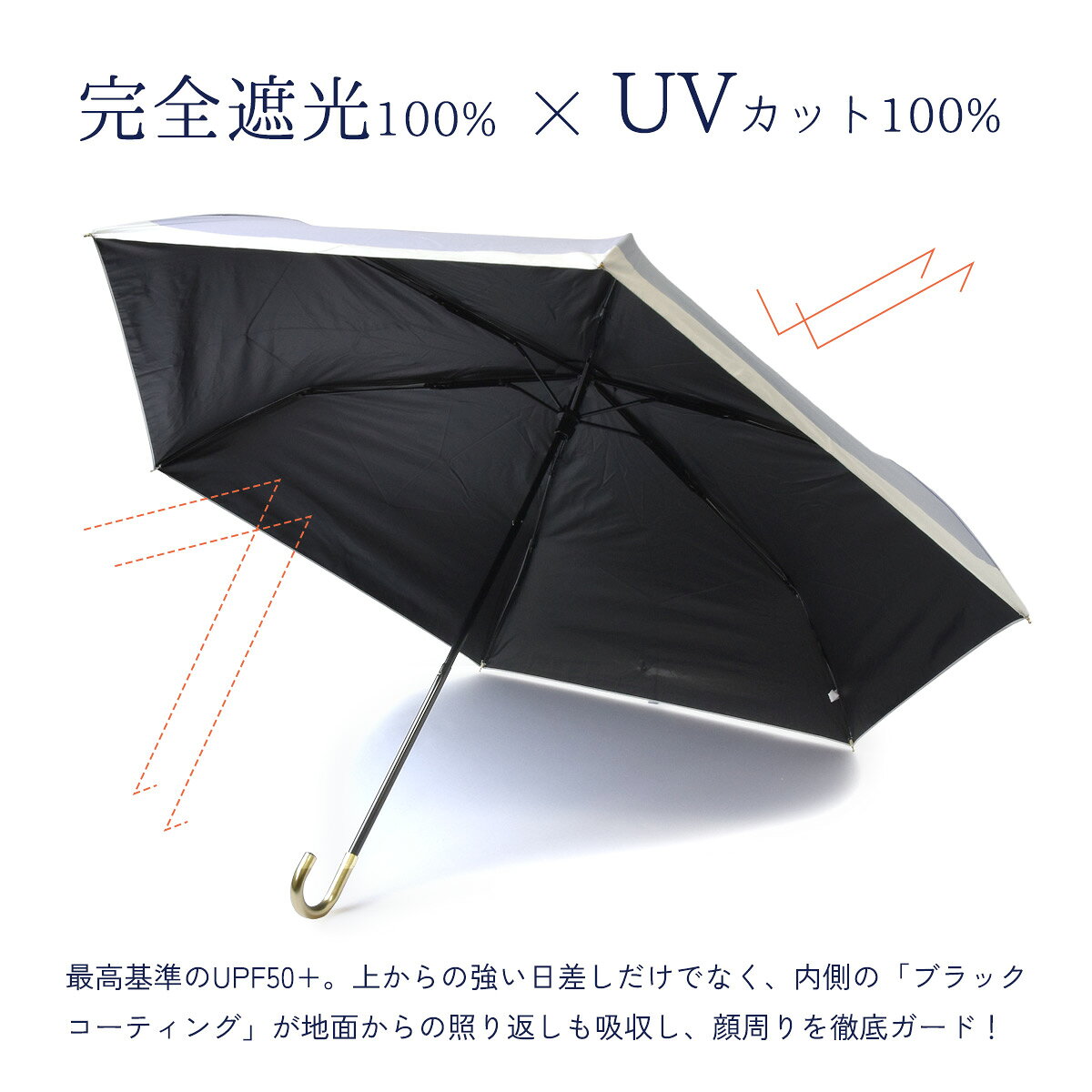 スロウファインの【10％オフクーポン！】完全遮光100%】日傘 折りたたみ 晴雨兼用 軽量 クラックス CRUX 折りたたみ傘 55cm レディース 雨傘 遮熱 涼しい 撥水 6本骨 手開き 傘 バイカラー ゴールド手元｜アングル3