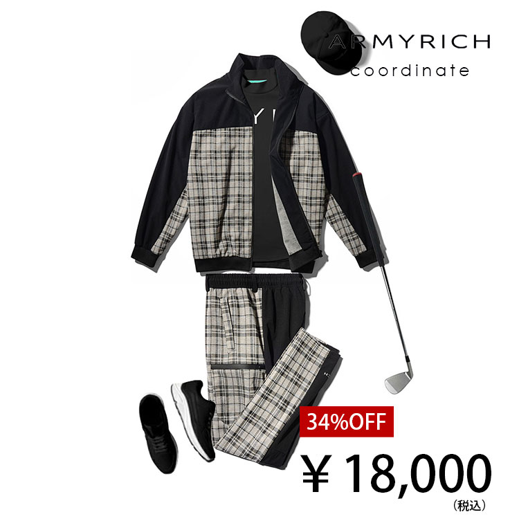 コーディネートセット（チェック柄トラックジャケットセットアップ×モックネックBIGプリントロングTシャツ）セットアップ メンズ ブランド 秋服 秋冬 ジャケット 長袖 ゴルフ ジム スポーツ 大きいサイズ ブラック/ホワイト M-3L