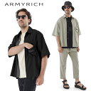 ARMYRICH ナイロン半袖オーバーシャツ メンズ 春夏用 薄手 通気性 軽量素材 セットアップ対応 ゴルフウェア 羽織りシャツ ブラック/グレージュ M/L...