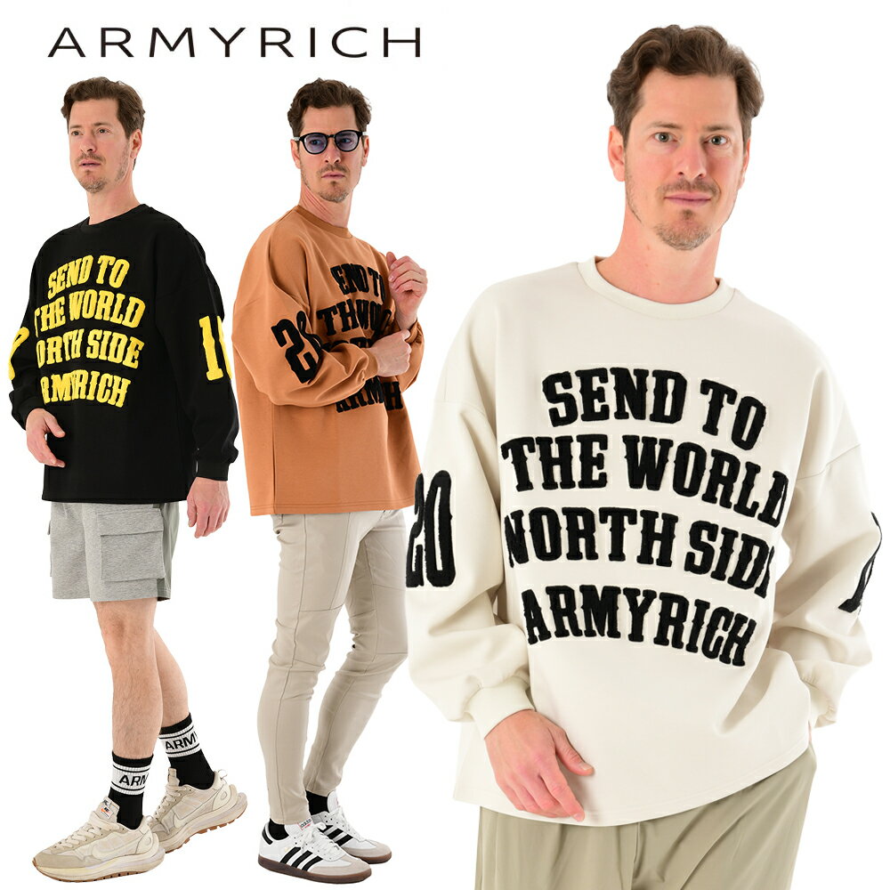 【19%OFF】ARMYRICH ボンディング サガラ刺繍 トレーナー メンズ 秋服 冬服 秋冬 スウェット プルオーバー ビッグロゴ ゆったり ブラック アイボリー キャメル S/M/L/XL/3L