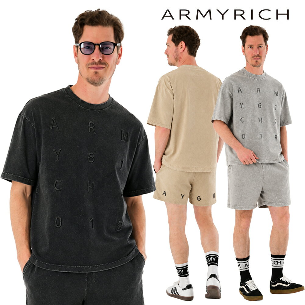 Rakuten - ARMYRICH ピグメント加工Tシャツセットアップ メンズ 夏服 春夏 上下セット 半袖 オーバーサイズ ヴィンテージ加工 フェード加工 ウォッシュ加工 ショートパンツ ハーフパンツ セットアップ ユニセックス ストリート カジュアル ブラック グレー キャメル S M L XL 3L