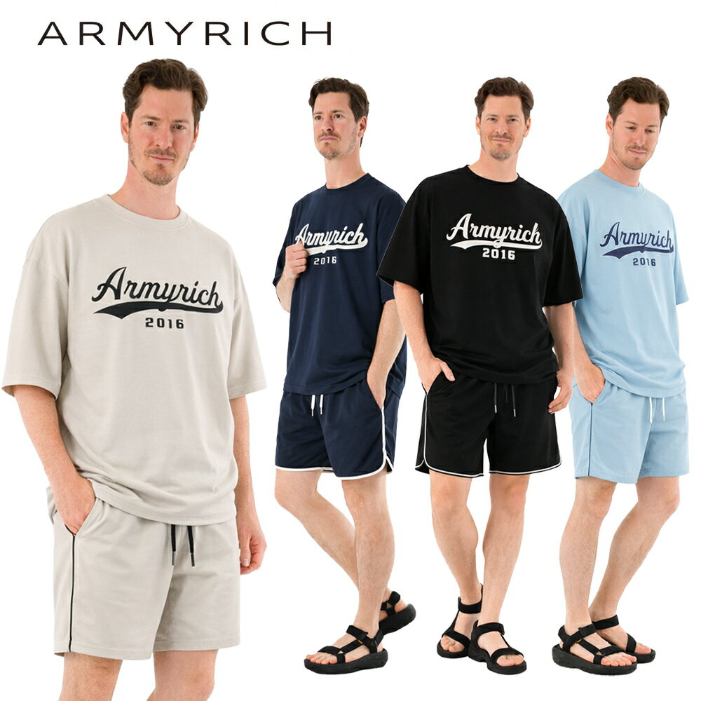 ベースボールロゴ Tシャツ セットアップ メンズ 上下セット 半袖 ショーツセット ナイロン ストレッチ 吸水速乾 ビッグシルエット オーバーサイズ ルームウェア スポーツ カジュアル ブラック/オートミュール/ネイビー/ブルー M/L/XL/3L（楽天・SLOW GAN）