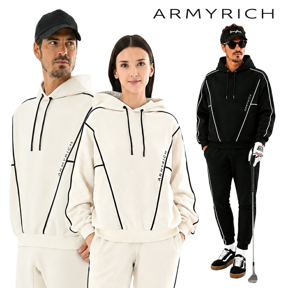 ARMYRICH セットアップ メンズ 秋服 秋冬 パーカー ジョガーパンツ パイピング 上下セット ボンディング ナイロン スウェット フーディー ストレッチ スポーツ ゴルフウェア 大きいサイズ ブラック アイボリー S～5L