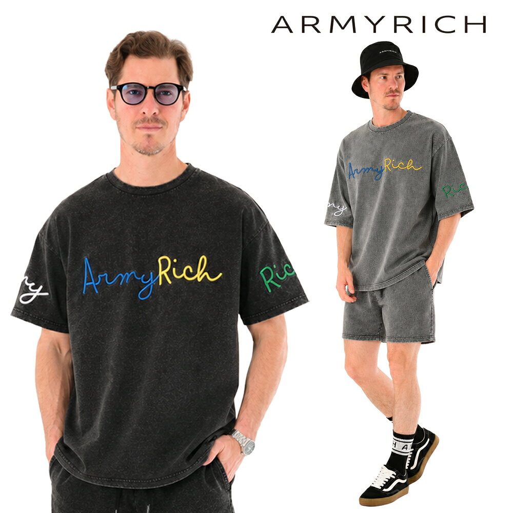 【8月15日頃、発送予定】ARMYRICH ピグメント刺繍Tシャツセットアップ メンズ 上下セット 半袖 ショートパンツ ピグメント加工 オーバーサイズ ヴィンテージ加工 刺繍ロゴ ストレッチ セットアップ 夏服 大きいサイズ ブラック グレー S M L XL 3L