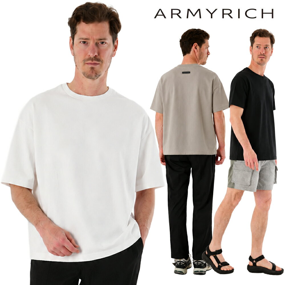 Rakuten - ARMYRICH レザーワッペン Tシャツ メンズ 夏服 春夏 半袖 スリムフィット ストレッチ ソロナ 無地 シンプル PUレザーワッペン 上品 きれいめ インナー カジュアル ユニセックス ブラック ホワイト グレージュ S M L XL 3L
