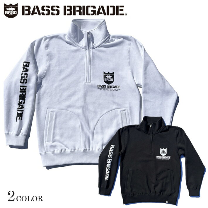 BASS BRIGADE BRGD HALF ZIP SWEAT BHZS02 トレンドのハーフジップスウェットにクラシックロゴをレイアウトしました。 10ozで着回しの効く程よい肉厚の裏パイル素材を使用。 これからの春先活躍するウェアです。 SIZE 着丈(cm) 身幅(cm) 袖丈(cm) M 約66 約54 約61 L 約68 約56 約62 XL 約72 約58 約63 カラー BLACK , WHITE 素材 綿 100% その他のBASS BRIGADE バスブリゲードはこちらから！ ※メーカー希望小売価格はメーカーカタログに基づいて掲載しています