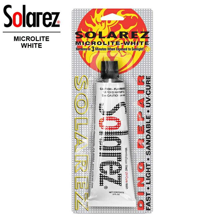 WAHOO SOLAREZ ソーラーレズ MICROLITE WHITE マイクロライトホワイト ミニ 0.5oz (ウレタンボード用) 紫外線で硬化する簡易修理剤パウダーフィラー配合 軽く白く直したい大きいキズに！ 超軽量フィラーを配合しているので、すばやく白くきれいに軽量に仕上げます。 深さ1cm以上のキズに対応。 サイズ：0.5oz（14.2g） 硬化時間：3分 仕上がり：ホワイト（フィラー入） ・世界で最も信頼されているリペアブランド ・紫外線で硬化する簡易修理剤 ・チューブから出して、そのままキズに付けるだけでリペア可能！ ・携帯に便利！サーフトリップの必需品！ ・修理剤の中に特殊なファイバークロスチップを配合！ ・仕上がり強度が違います！ SOLAREZとは？ ・SOLAREZ は特殊なグラスファイバーが配合された、ポリエステル樹脂で、紫外線(日光)により化学反応し約3〜5分で硬化を始める優れた修理剤です。 ・今までのリペア剤とは異なり、修理に必要な溶剤がすべて配合されているので、面倒な作業がいりません。 紫外線に当たるまでは液体ですので、日陰で作業すれば硬化する心配がないので、ゆっくりと作業できます。 ※採寸は十分注意を払って行っておりますが、多少の誤差がある場合がございます。ご了承ください。 ※店頭でも同時に販売していますので万一、売り切れの場合はメールにてお知らせいたしますので、ご了承ください。 ※商品写真のカラーについては、ご利用のパソコンや携帯電話などの環境によって、 実物と多少異なる場合があります。あらかじめご了承下さい。 ※お客様都合によるご注文後の返品・キャンセル・交換は一切受け付けておりませんので、予めご了承下さい。