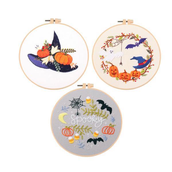 Rakuten - パターンと手順が記載された3パックのハロウィーン刺繍スターターキット、DIY初心者スターターステッチキットには、フープ、服、カラー