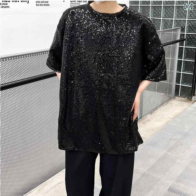 Rakuten - Tシャツ メンズ 男性用 スパンコール キラキラ ゆったり ビッグシルエット ラウンドネック 半袖 ポリエステル カジュアル 普段使い 舞台