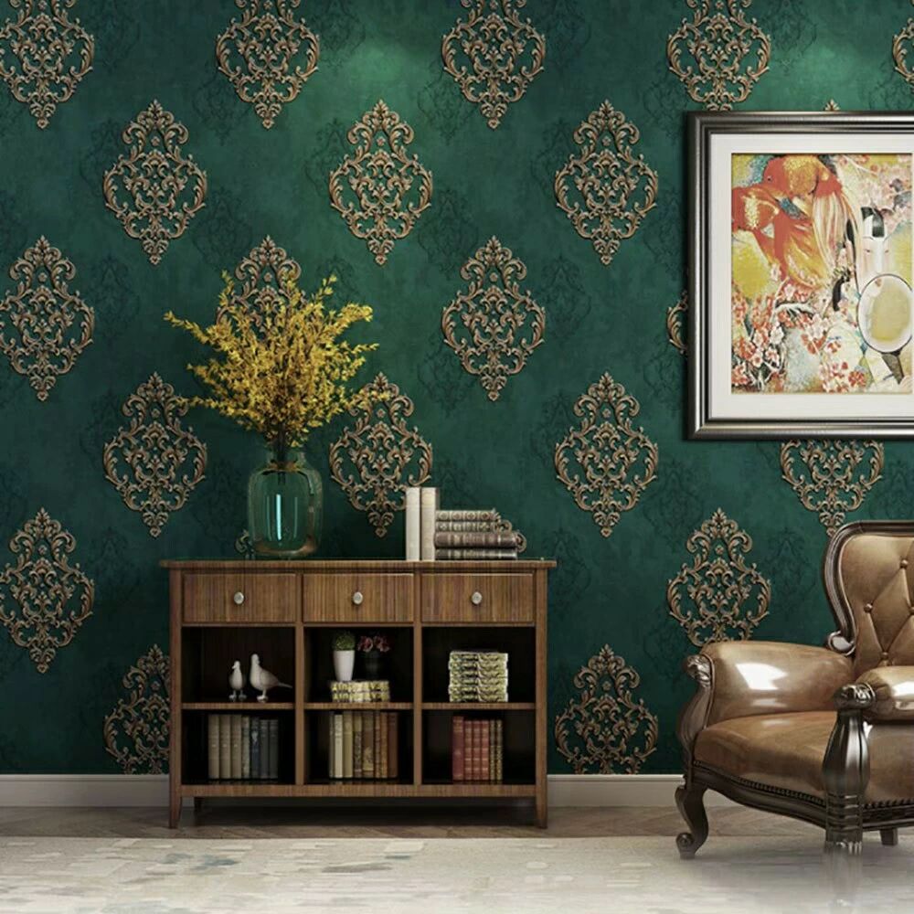 Rakuten - 壁紙 ダマスク柄 グリーン 緑 53cm×1000cm シールタイプ DIY 模様替え かわいい damask クロス 補修 ラグジュアリー 北欧 賃貸壁紙 背
