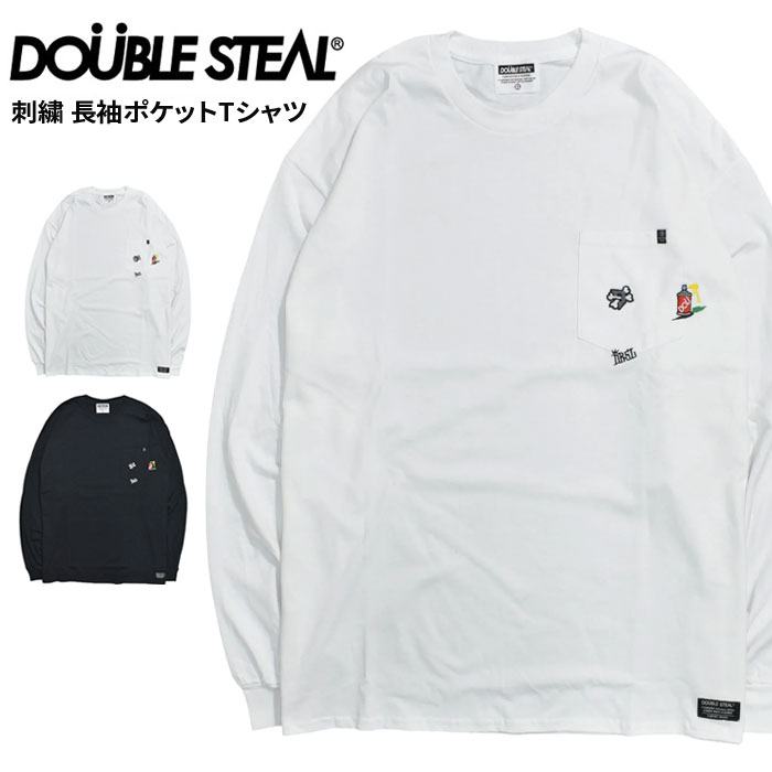 Rakuten - DOUBLE STEAL ダブルスティール ロンT MANY EMBROIDERY POCKET L/S TEE 長袖Tシャツ カットソー トップス メンズ M-XL ブラック ホワイト 935-12100 【単品購入の場合はメール便発送】【バーゲン】