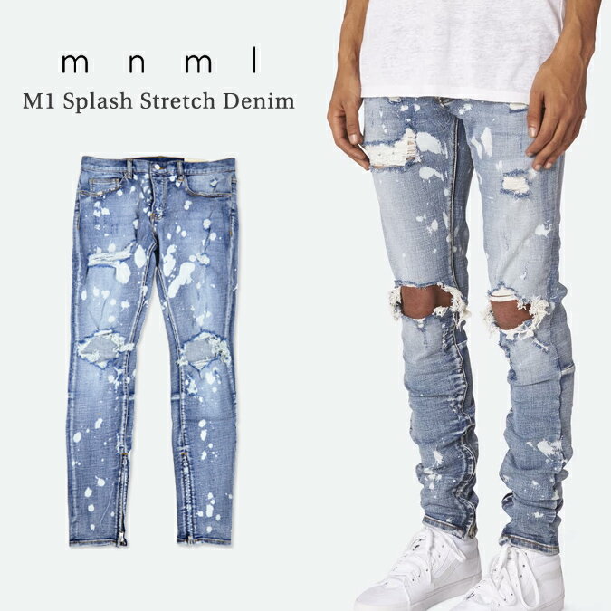 【割引クーポン配布中】 mnml / ミニマル M1 Splash Stretch Denim M1デニム ジーンズ デニムパンツ ストレッチ ダメージ加工 スリム スキニー 裾ジップ メンズ 【RCP】