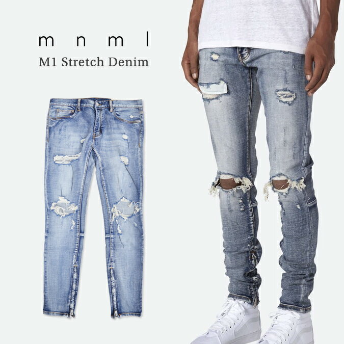 【割引クーポン配布中】 mnml / ミニマル M1 Stretch Denim Blue M1デニム ジーンズ デニムパンツ ストレッチ ダメージ加工 スリム テーパード スキニー 裾ジップ メンズ 【RCP】