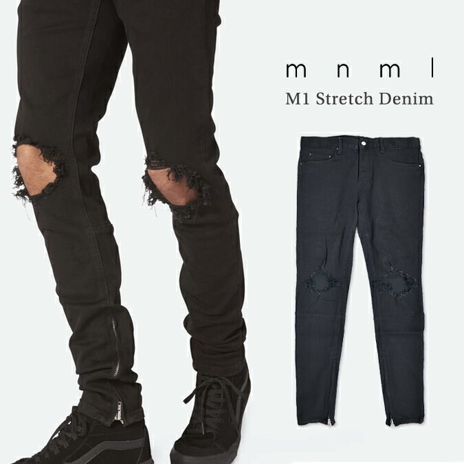 【割引クーポン配布中】 mnml / ミニマル M1 Stretch Denim Black M1デニム ジーンズ デニムパンツ ストレッチ ダメージ加工 スリム テーパード スキニー 裾ジップ メンズ 【RCP】