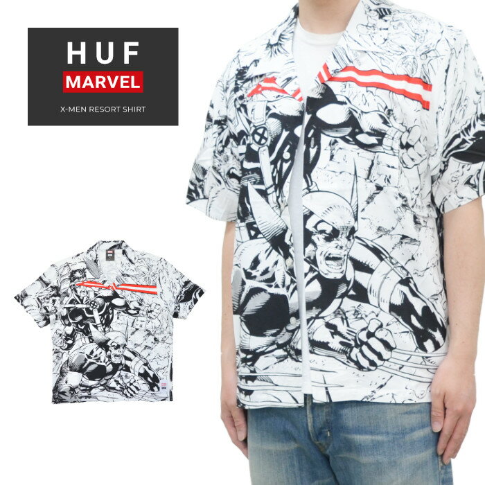  HUF × MARVEL ハフ × マーベル シャツ X-MEN RESORT SHIRT リゾートシャツ カジュアルシャツ アロハ 半袖 メンズ S-XL ホワイト BU00172