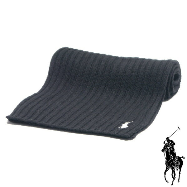 Ralph Lauren【ざっくりした太めのリブ編み★白のPONY刺繍】ニット マフラー【ブラック 黒】新品 ラルフ..