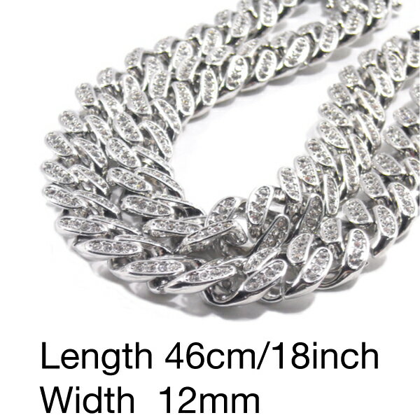 銀メッキ【幅12mm★ショートタイプ★びっちりジルコニアを埋め込み】キューバンチェーン ネックレス【シルバー/46cm】新品 メンズ レディース 男女兼用 SI...