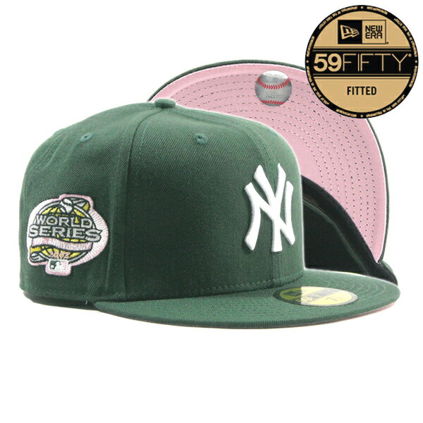 NEW ERA【ピンクバイザー★59FIFTY★2003年WORLD SERIES100周年サイドパッチ★バックはビッグアップル】MLB NEW YORK YANKEES ベースボールキャップ【グリーン 深緑】新品 ニューエラ キャップ メンズ レディース 男女兼用 ニューヨークヤンキース HIP HOP【NEW YORK買付け】