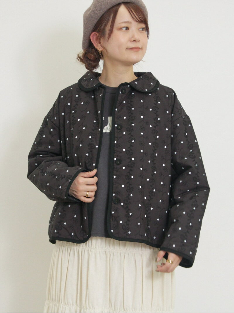 中綿花柄刺繍パイピングジャケット Samansa Mos2 サマンサモスモス ジャケット・アウター ノーカラージャケット グレー ホワイト グリーン【送料無料】[Rakuten Fashion]のサムネイル