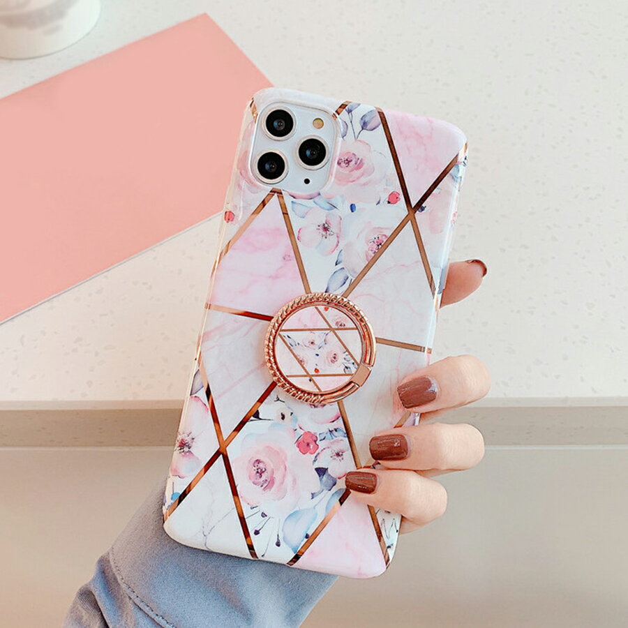 Rakuten - iPhone12ProMax 背面ケース ケース カバー ラグジュアリー マーブル フラワー 花 メッキ ホールドリング スタンド機能 おしゃれ 可愛い