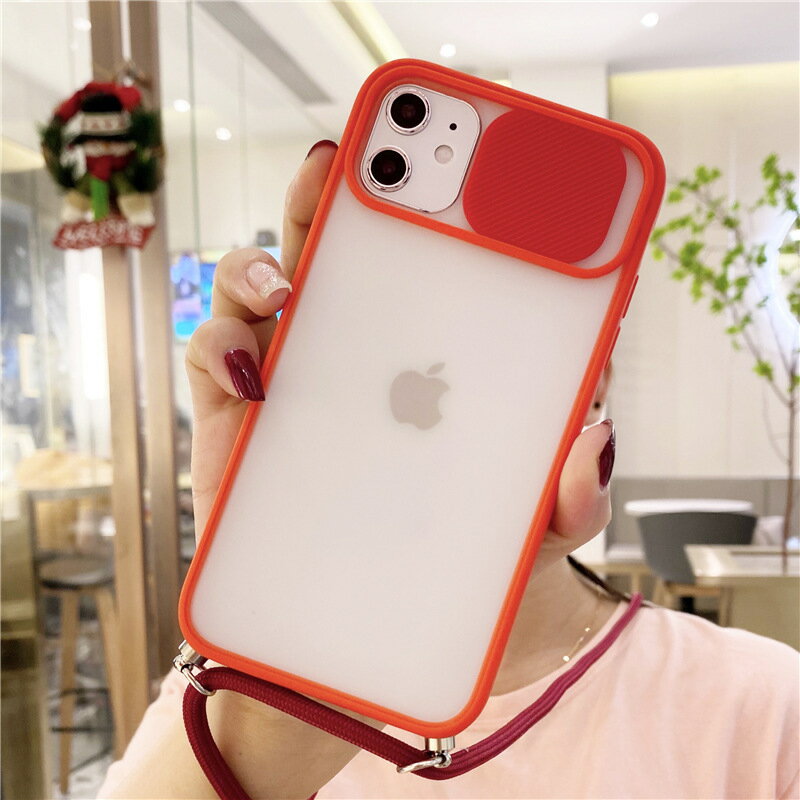 乐天商城 - iPhone12 iPhone12Pro 背面ケース ケース カバー スライドカメラプロテクター クロスボディストラップ クリア マット フルカバー ストラップ付