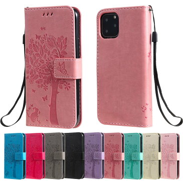 iPhone11 / iPhone11Pro / iPhone11ProMax 手帳型スマホケース 型押し ねこ 蝶々 ツリー ウッド 木 ストラップ付き レザー 合皮 マグネット開閉 カード収納 スタンド ブルー ホットピンク グレー ブラック パープル グリーン ピンクゴールド