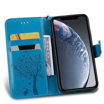 iPhone11 / iPhone11Pro / iPhone11ProMax 手帳型スマホケース 型押し ねこ 蝶々 ツリー ウッド 木 ストラップ付き レザー 合皮 マグネット開閉 カード収納 スタンド ブルー ホットピンク グレー ブラック パープル グリーン ピンクゴールド