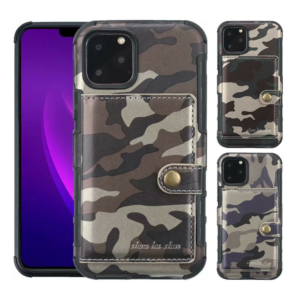 乐天商城 - iPhone11 iPhone11Pro iPhone11ProMax 対応 スマホケース 背面ケース 迷彩柄 カモフラ柄 カードケース付き 耐衝撃 角クッション 四隅強化 おしゃれ PU+TPU PUレザー TPU素材 ブラウン グリーン パープル