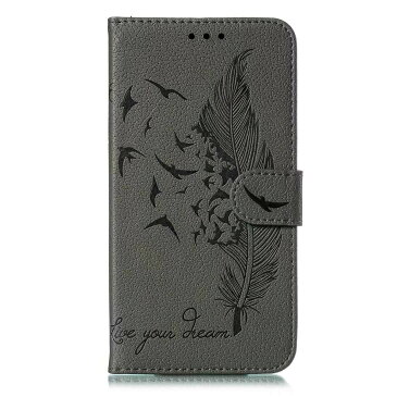 iPhone11 / iPhone11Pro / iPhone11ProMax 手帳型スマホケース 型押し 羽根 鳥 英字 アンティークレザー 合皮 マグネット開閉 カード収納 スタンド 閉じたまま通話可能 グレー ブラウン ブラック