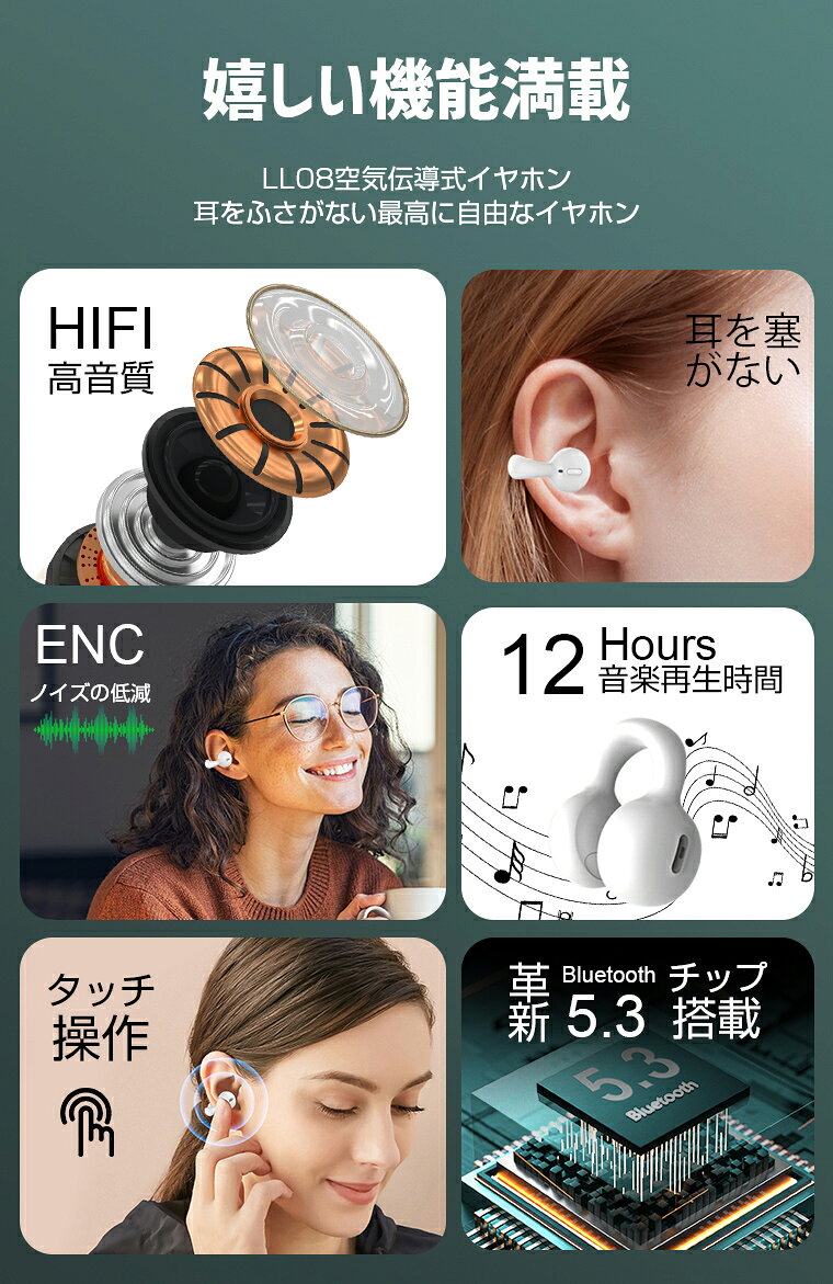 ＼P10倍★ワンダフルデー限定／ワイヤレスイヤホン Bluetooth5.3 イヤークリップ イヤホン 空気伝導 ブルートゥース 12時間連続再生 Hi-Fi TWSステレオサウンド スポーツイヤホン 左右独立通話 ENCノイズキャンセリング ヘッドセット AAC/SBC対応 低遅延 自動ペアリング smahoservice-10003945 スマホサービス サンプル画像3