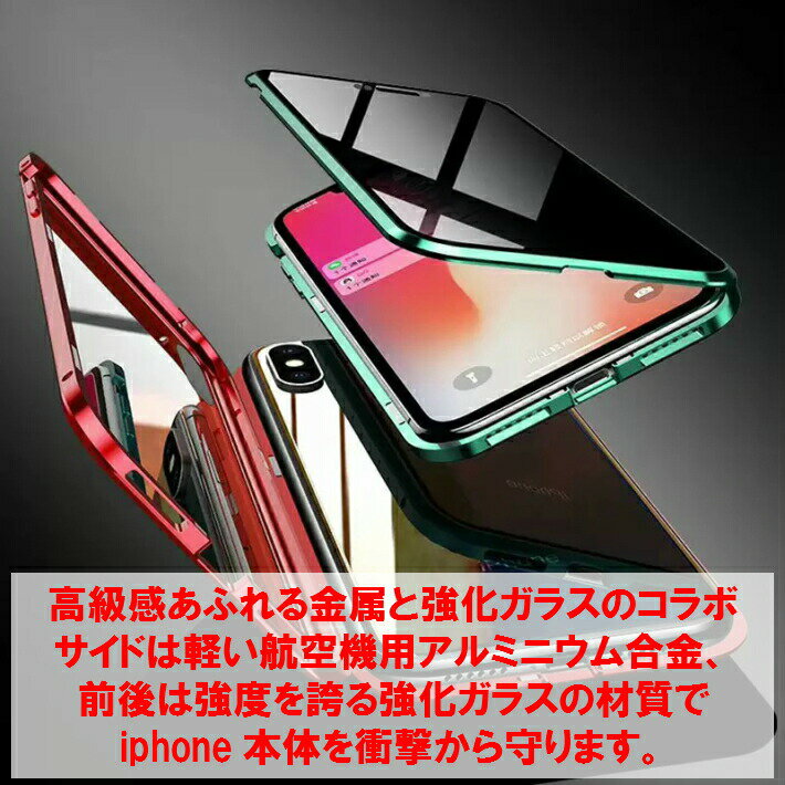 覗き見防止 両面強化ガラスフルカバーiphone12 ケース iphone12pro 12mini 12pro max SE2ケース iphone11 ケース 11pro pro max xs x xr 7 8 6s puls iphoneケース 金属バンバー 飛散防止アルミ合金 高級感 両面ガラス 360度全面保護 背面クリア マグネット式　スマホケース