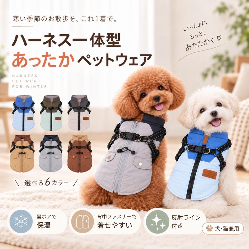 犬服 秋冬 冬 コート ハーネス一体型 中綿 ペットコート ドッグウェア ジャケット コート 防寒 暖かい 撥水 はっ水 背中ファスナー 背開き ハーネス付き 反射ライン Dカン付き 着脱簡単 着せやすい 犬 冬服 冬物 犬の服 小型犬 中型犬 猫 可愛い おしゃれ S M L XL 2XL これ1着でお散歩準備ラクラク♪ ハーネス一体型のあったか中綿コート 5