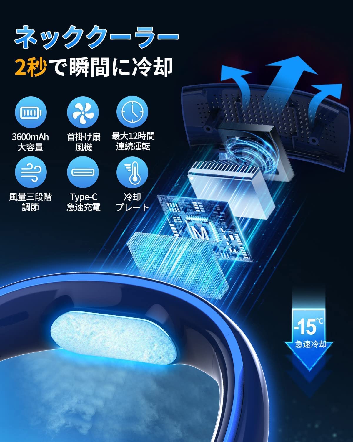 即納 ネックファン 羽根なし ブルー 扇風機 ネッククーラー 静音 3段階調節 冷却 クーラー 熱中症対策 ファン USB充電 ミニ扇風機 コンパクト扇風機 ポータブル扇風機