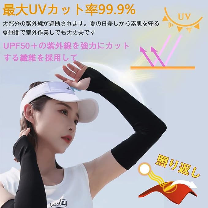 即納 冷感 アームカバー 熱中症対策 UVカット ひんやり クール 冷却 ブラック 2枚セット 吸汗速乾 アウトドア 運動 日焼け対策 暑さ対策 紫外線カット 送料無料