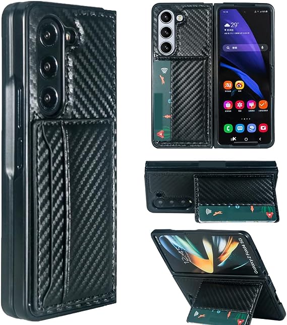 Rakuten - Galaxy Z Fold5 ケース ブラック 2カードホルダー スクリーン保護 カメラレンズ保護 カーボンファイバー テクスチャー レザー フルカバー RFIDブロック キックスタンド ギャラクシー ゼットフリップ 耐衝撃 軽量 カバー 2023 送料無料
