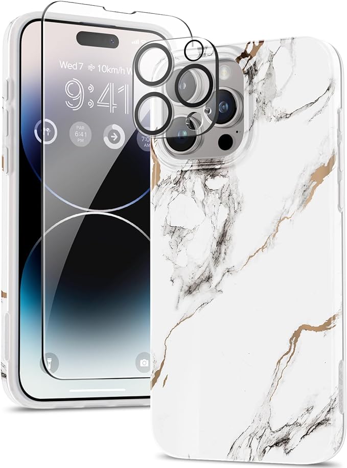 iPhone15シリーズ クリア 透明 スクリーン プロテクター カメラレンズ プロテクター ミリタリーグレード フルボディ擦り傷防止 TPU マーブルパターン カバー ホワイト 15/15Pro/15Plus/15ProMax ケース 耐衝撃 薄型 軽量 ワイヤレス充電 送料無料