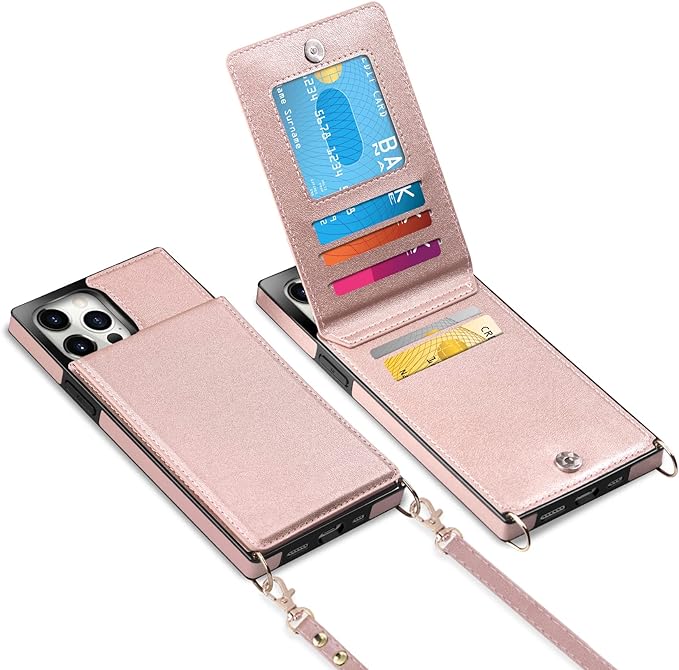 Rakuten - iPhone15シリーズ ショルダー クロスボディ 5カード収納 お札入れ スクエア PUレザー TPU ウォレット ストラップ付き キックスタンド 紛失防止 落下防止 カバー ローズゴールド 15/15Pro/15Plus/15ProMax ケース 耐衝撃 薄型 軽量 送料無料