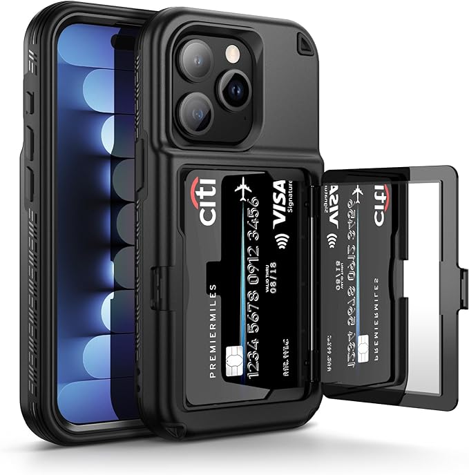 iPhone 15 Series 2-Card Wallet Case with Camera Lens Protection, Mirror, TPU Hard PC Material, Kickstand, Black, 15/15 Pro/15 Plus/15 Pro Max Case, Shockproof, Slim, Lightweight, Free Shipping